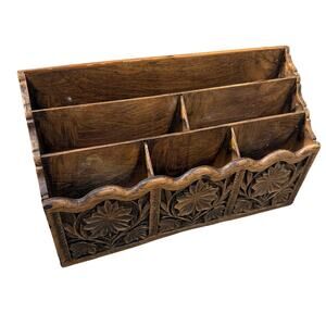 Vintage LERNER Carved Faux Wood Letter Holder Mail Organizer Storage Caddy Desk